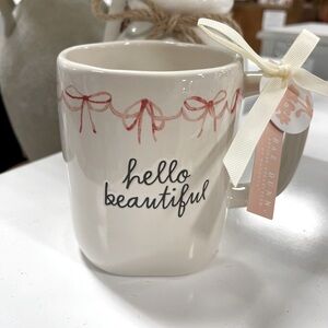 Rae Dunn Pink Bow Hello Beautiful Ceramic Coffee Mug coquette NWT